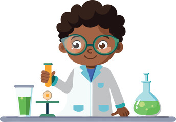 A young boy in a lab coat is holding a test tube