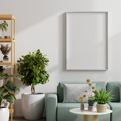 Wall Mural - Mockup frame poster hanging on a white wall above a light green sofa, surrounded by various indoor plants in a cozy living room setting- 3D rendering