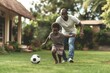 © InfiniteStudio - Joyful father and son playing soccer in backyard depicting family bonding beautiful day outdoor activity concept