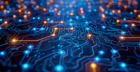 Wall Mural - a computer chip with blue and orange lines