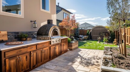 craftsman-style outdoor kitchen with wooden cabinets and a stone pizza oven nestled in a suburban backyard