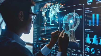 Tech Professional Analyzes AI Brain Interface on Futuristic Digital Screen. Exploring Concepts of Machine Learning, Neural Networks, and Artificial Intelligence