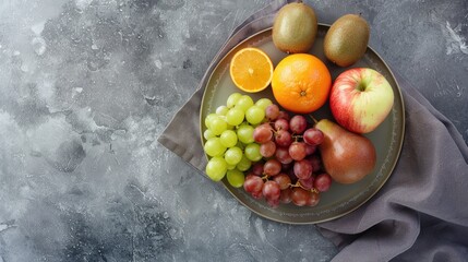 Wall Mural - Best Fruits for Diabetes Kiwis Grapes Oranges Apples Pears on Plate with Copy Space