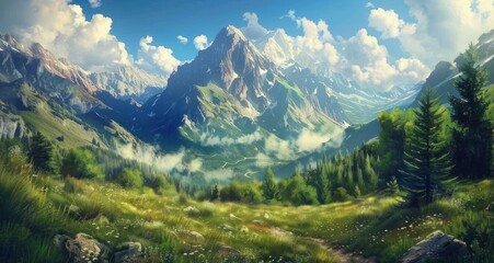 Wall Mural - Stunning mountain landscape with lush green meadows, snow capped peaks, and a bright blue sky. Concept of nature, adventure, travel, and tranquility.