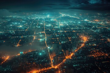 Poster - a city at night with lights on and a dark sky, city at night, powered by the invisible network created by electricians