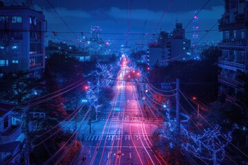 Poster - a city at night with lights on and a dark sky, city at night, powered by the invisible network created by electricians
