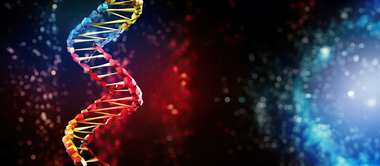Poster - a double strand of dna against a background of stars, DNhelix pattern representing the building blocks of life