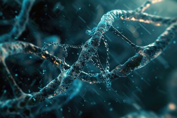 Poster - a purple and blue dna strand with a blue background, microscopic ballet of chromosomes intertwining, representing the complexity of genetic code