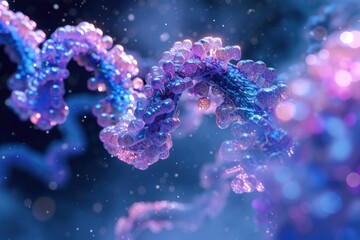 a purple and blue dna strand with a blue background, microscopic ballet of chromosomes intertwining, representing the complexity of genetic code