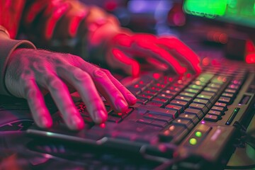 Leinwandbilder - a person typing on a keyboard with a red light, programmer's hands typing furiously, creating worlds and experiences within the digital realm