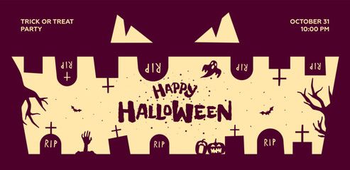 Wall Mural - Happy Halloween party horizontal banner. Jack O Lantern pumpkin scary face on dark background. Cemetery silhouette with graves. Traditional October 31 Trick or Treat holiday eps greeting card