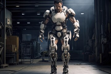 a man in a suit walking in a warehouse, robotic exoskeleton enhancing human strength and mobility