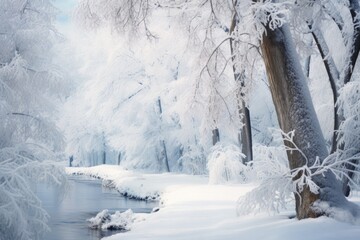 Aufkleber - a snowy river with trees and snow covered ground, snowy winter landscape with trees draped in white