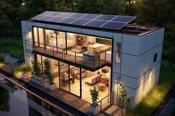 a small house with a glass roof and a staircase, transparent solar panel integrating with windows energy