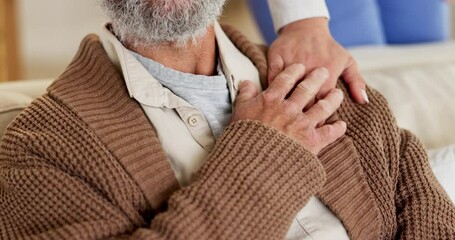 Poster - Elderly man, support or nurse holding hands for anxiety, mental health or empathy for healthcare. Closeup, consulting or senior patient in counselling with caregiver in nursing home for psychology