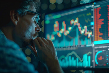 Finance trade manager analyzing stock market indicators for best investment strategy, financial data and charts, digital