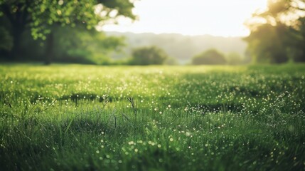 Canvas Print - Green Grass Field Dewy With Morning Sunlight