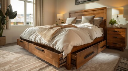 craftsman-style wooden bed with storage drawers underneath, placed in a bedroom with soft natural lighting