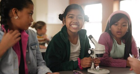 Poster - Science, portrait and happy kids with microscope for learning, stem education and knowledge. Face, microbiology and smile of students in lab for studying chemistry, research and experiment in school