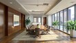 © Supranee - Modern conference room with large windows, wooden accents, and comfortable chairs around a long table. Bright and professional setting.