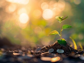 Young Plant Growing from Soil Surrounded by Coins in Sunlit Garden, Symbolizing Financial Growth and Investment