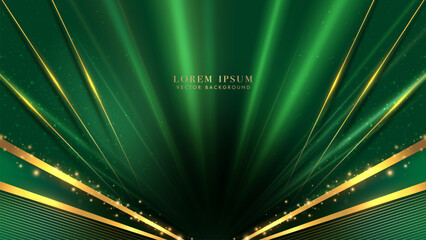 Wall Mural - luxury green background decoration with golden lines, glowing beams, and glitter light effects