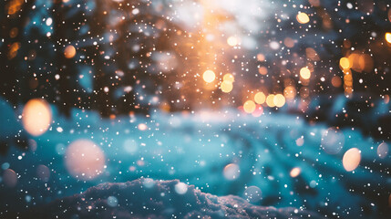Wall Mural - winter background with snowflakes and blurred bokeh lights.