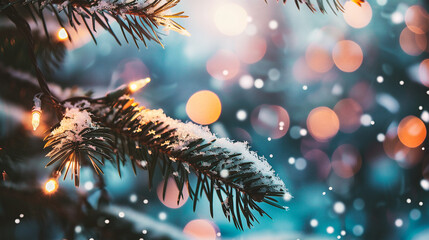 Wall Mural - christmas and new year background with christmas tree and bokeh lights