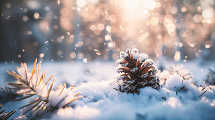 Wall Mural - pine cone covered with snow in the winter forest. christmas background