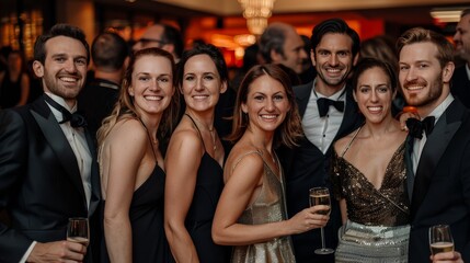 Team celebrating at a fancy gala, dressed elegantly and enjoying the evening