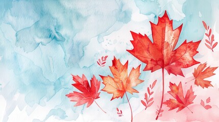 Wall Mural - Watercolor Autumn Leaves on Blue and Pink Background.