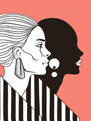 Poster - Two women with opposing profiles against a coral pink background: one in black with a large circle earring and the other in white with a striped earring, both in black and white stripes