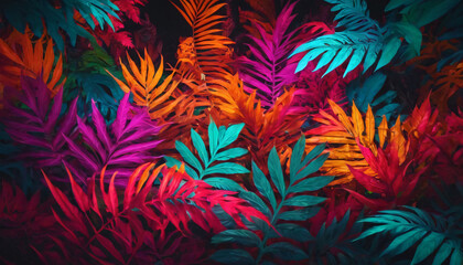 Wall Mural - palm leaves and jungle vegetation illuminated in gradient color, background for text