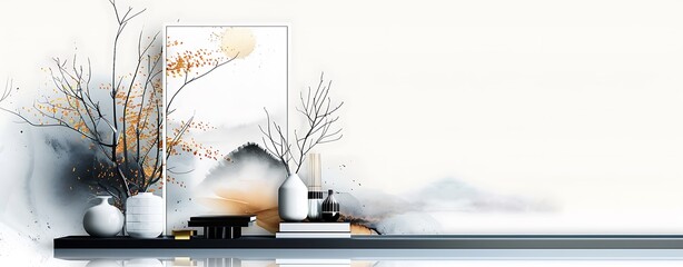 Wall Mural - Design an illustration of a serene living space featuring ink paintings, books, and subtle decorations copy space for text, focus cover all adject, deep dept of field, nodust