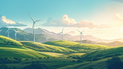 Wall Mural - Background image of solar panel and wind turbines on a green field with yellow flowers. Renewable energy and sustainable technology concept. Design for poster, wallpaper, banner. Clean energy. AIGT2.