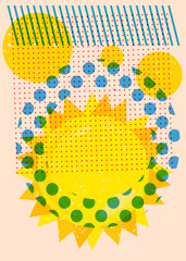 Wall Mural - Risograph Summer Sun with geometric shapes. Objects in trendy riso graph print texture style design with geometry elements.