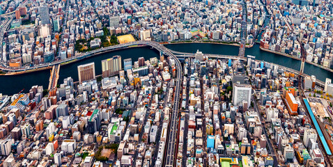 Aerial view of the Sumida River in Tokyo, Japan