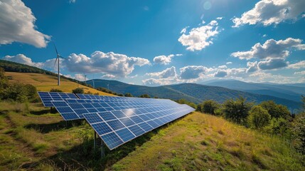 Wall Mural - Background image of solar station panel in the field with blue sky. Clean electrical energy. Ecology. Top view of solar panel absorb sunlight and generate electricity. Technology innovation. AIGT2.