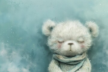 Wall Mural - A white teddy bear is sleeping in a blue background