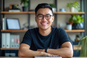 Wall Mural - Portrait of confident smiling Asian man sitting at desk