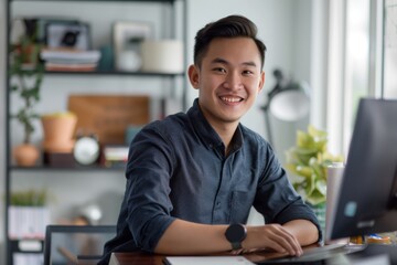 Wall Mural - Portrait of confident smiling Asian man sitting at desk