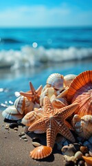 Canvas Print - starfish on the beach with a sunset in the background.