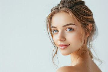 Wall Mural - Young beautiful woman on white background