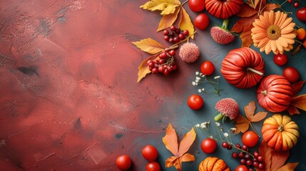 Sticker - A still life of pumpkins, berries, flowers, and leaves arranged on a rustic red and blue background, celebrating the autumn harvest.