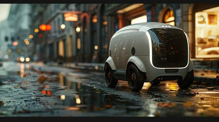 Wall Mural - Futuristic Autonomous Delivery Vehicle on a Rainy Urban Street