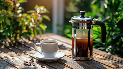 A French press with fresh coffee and a cup on a wooden table in a garden setting, highlighting a cozy morning moment.