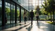 © Samiul - Blurred background of people walking in a modern office building with green trees and sunlight , eco friendly and ecological responsible business concept