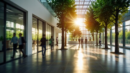 Wall Mural - Blurred background of people walking in a modern office building with green trees and sunlight , eco friendly and ecological responsible business concept