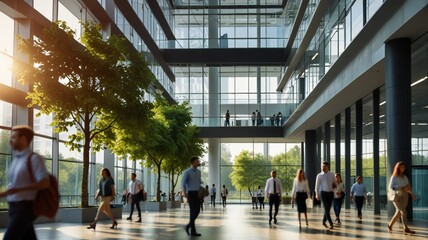 Wall Mural - Blurred background of people walking in a modern office building with green trees and sunlight , eco friendly and ecological responsible business concept