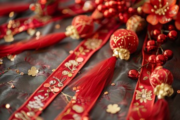 a close-up of red and gold new year decorations, such as ribbons and small ornaments, on a plain sur